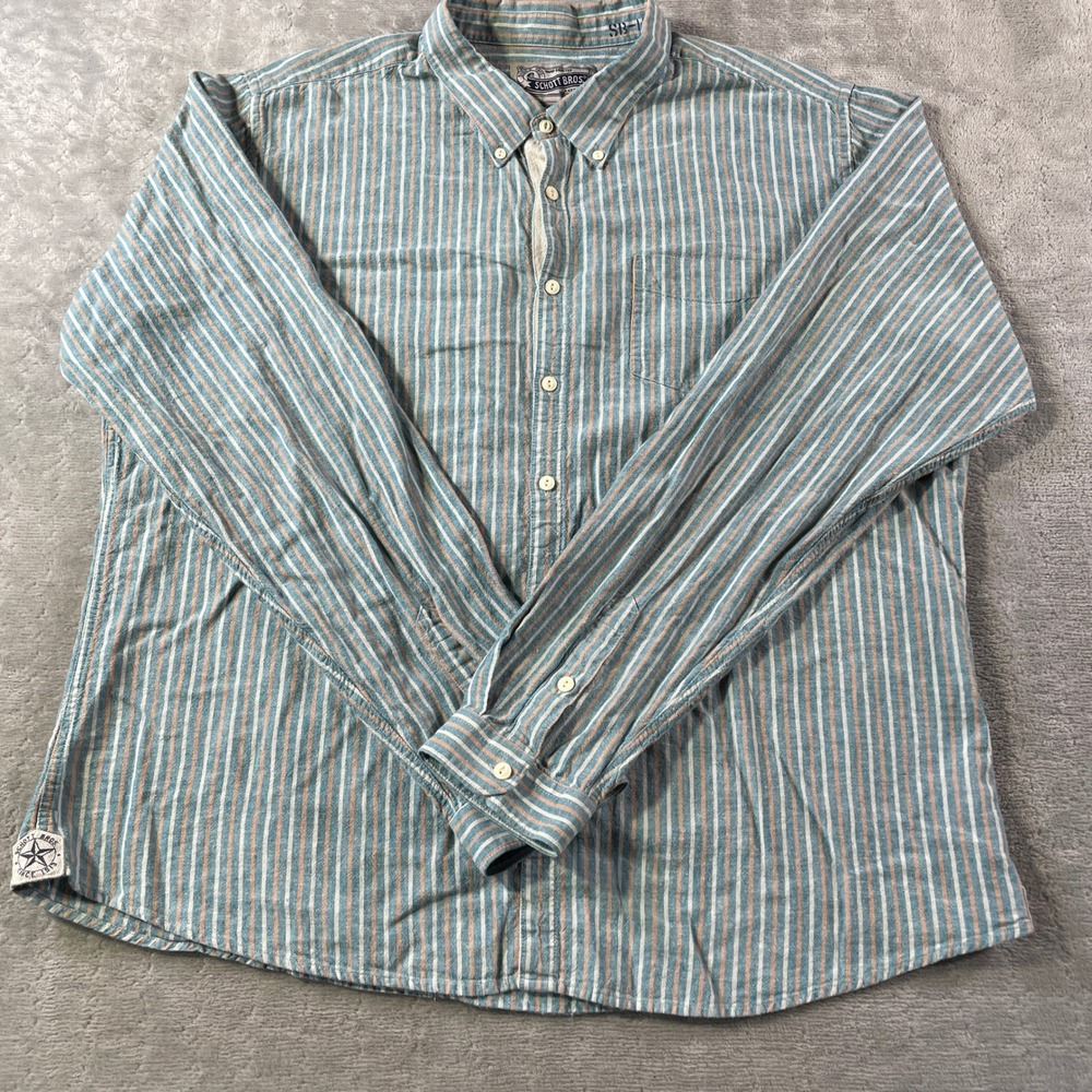 Schott Bros Flannel‎ Shirt Mens XXL Blue Orange Striped Casual Preppy Outdoor